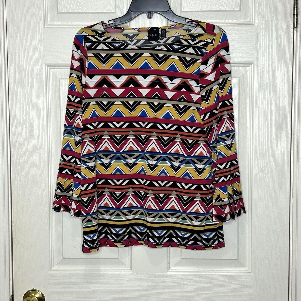 Rafaella Colorful Top Geometric Aztec Tribal Multi Color Bell Sleeves Sz SP